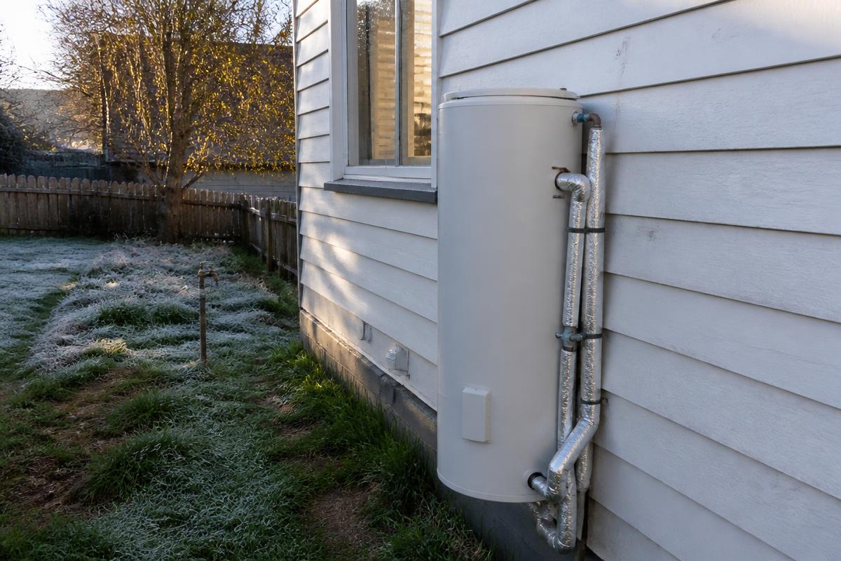 An illustrative residential property with an outdoor hot water system and insulated copper pipework.