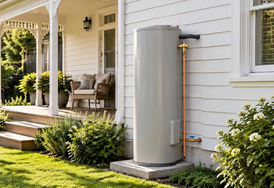 Illustrative Australian home with an electric hot water cylinder; generated image, not a local job
