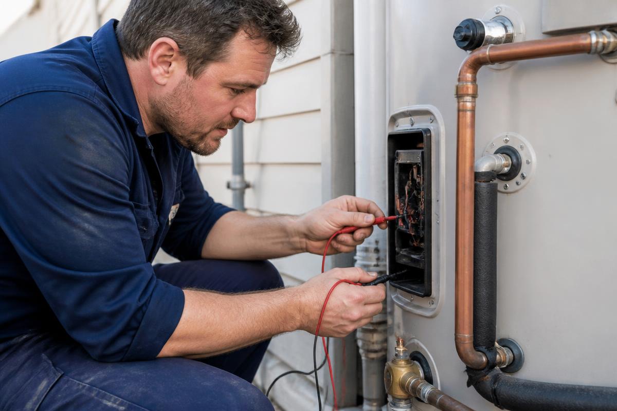 Illustrative thermostat inspection with a meter; not this website's contractor.